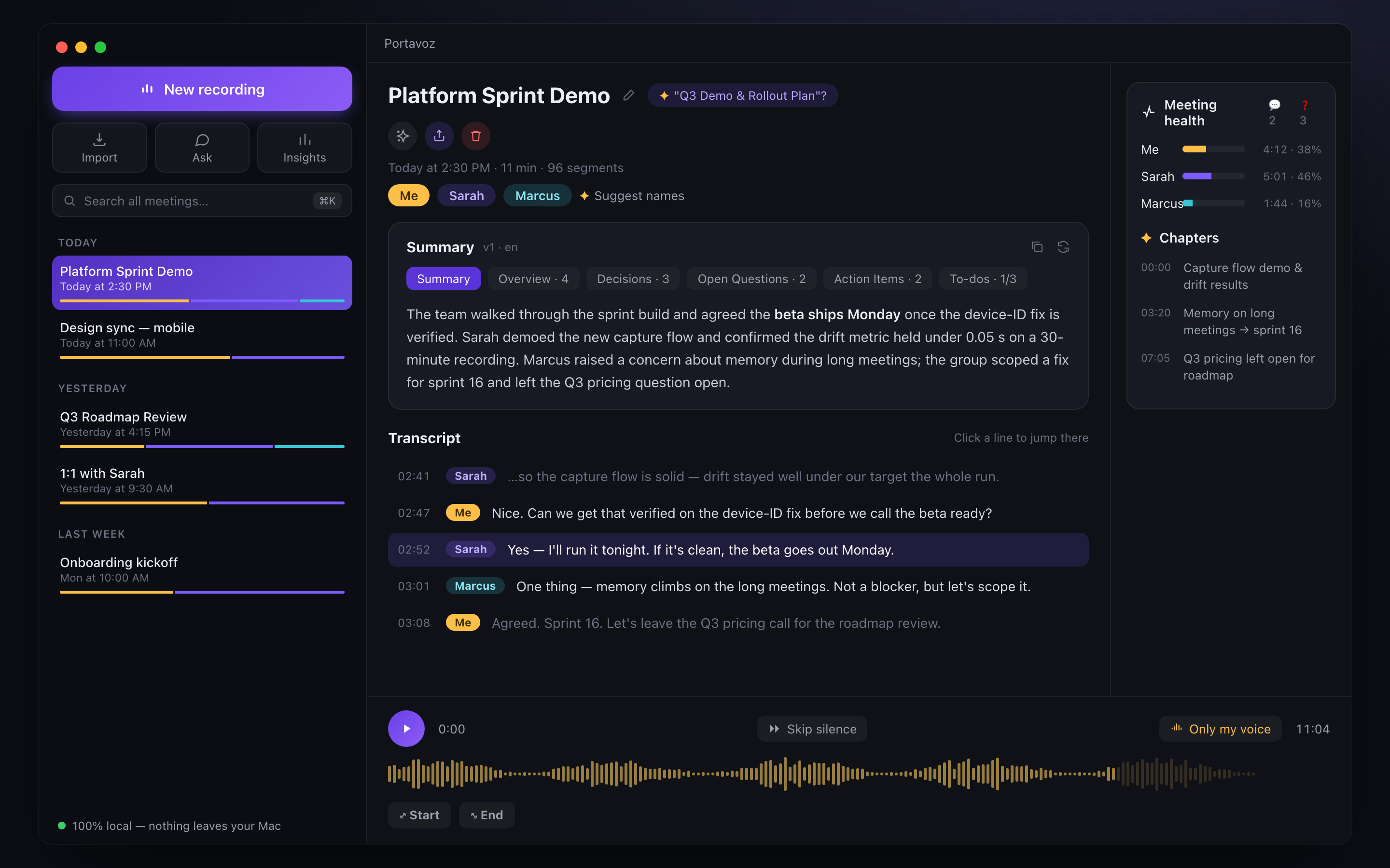A meeting in Portavoz: colored speaker pills, a tabbed summary, a who-said-what transcript, a docked player with waveform, and a right rail with meeting health and chapters